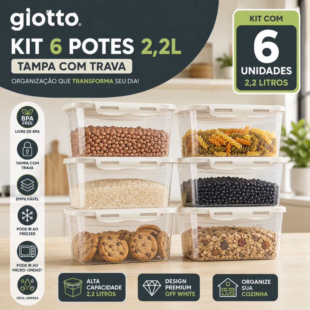 Kit 6 Potes Com Tampa e Trava 2,2L Alto Off White Freezer E Microondas Marmitas Fitness Giotto Kit 6 Potes Com Tampa e Trava 2,2L Alto Off White Freezer E Microondas Marmitas Fitness Giotto
