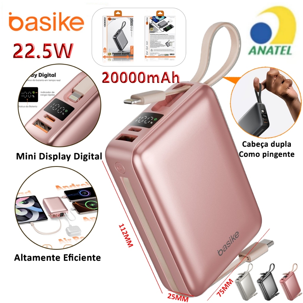 BASIKE Carregador Portátil 20000mAh - Carregamento Rápido 22.5W Power Bank Carregador Saída Dupla Rose BASIKE Carregador Portátil 20000mAh - Carregamento Rápido 22.5W Power Bank Carregador Saída Dupla Rose