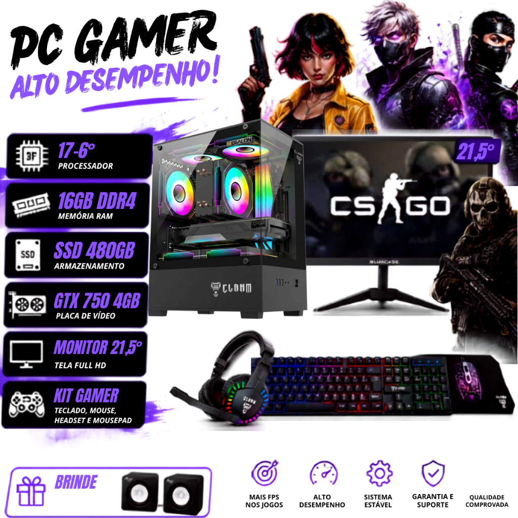 Computador Gamer Completo I7-6° + 16GB DDR4 + SSD 480GB + GTX 750 4GB + MONITOR 21,5" + KIT GAMER + BRINDE