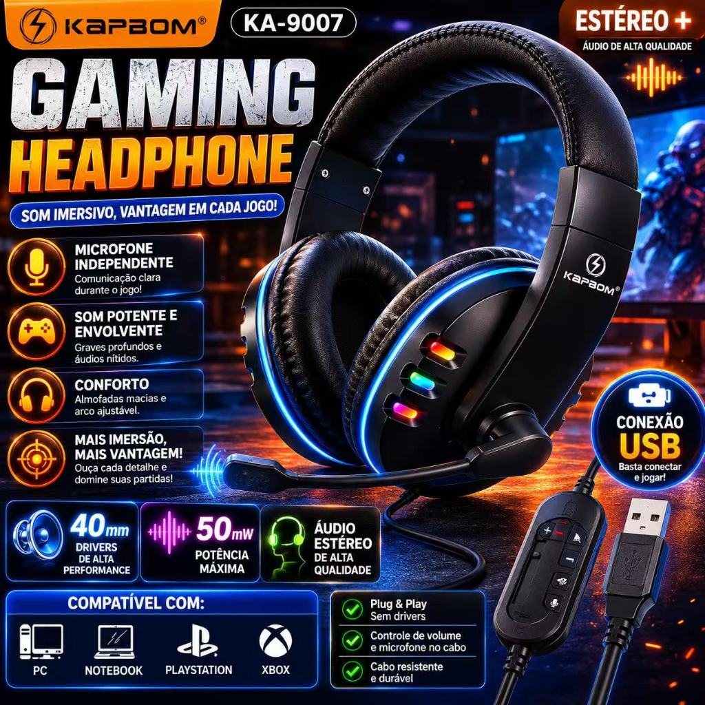 Fone Headset Gamer com Fio e Microfone Estéreo LED Ajustável Conexão USB OU P2 Para PC Notebook game