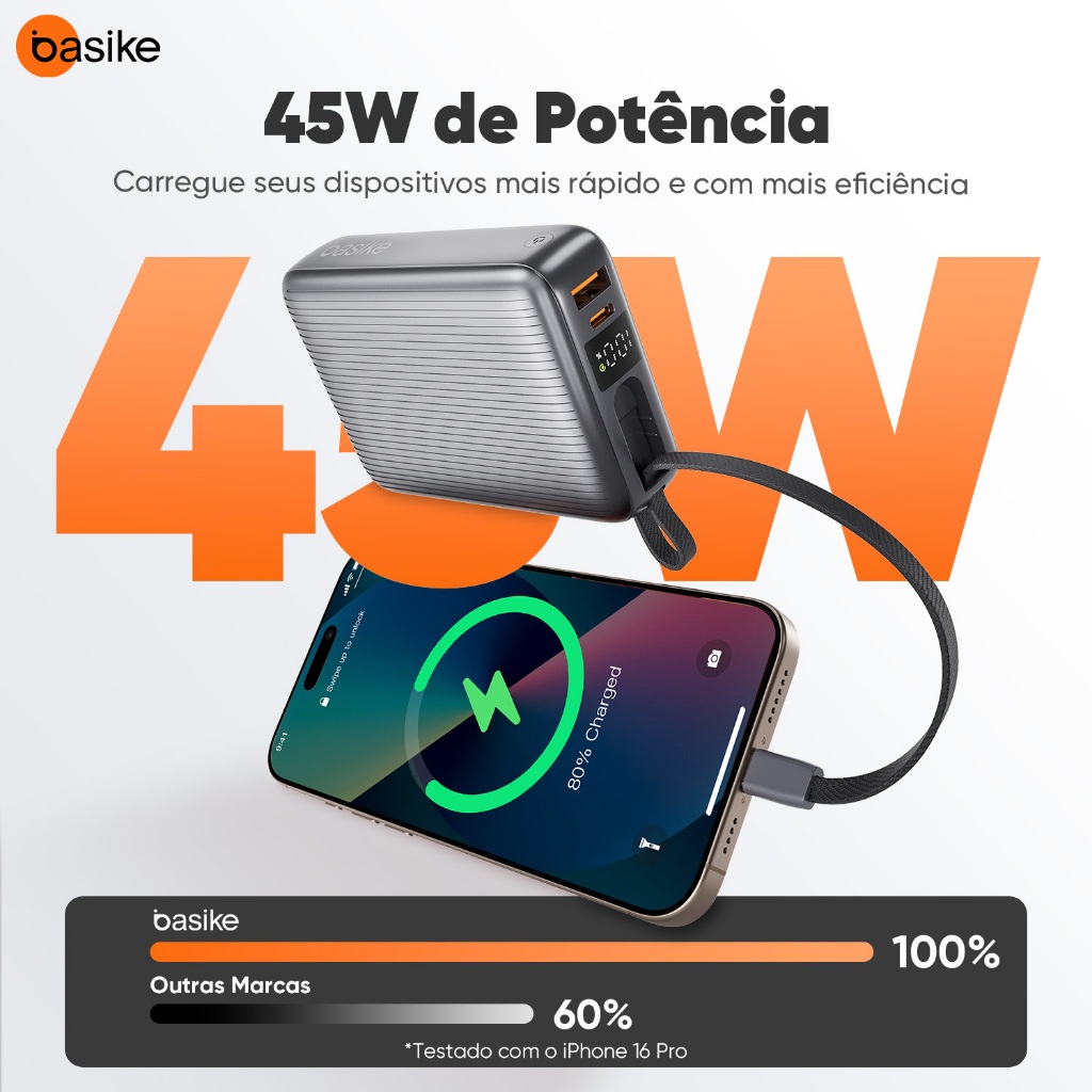 BASIKE Carregador Portátil 20000mAh - Carregamento Rápido 45W Power Bank Carregador Saída dupla BASIKE Carregador Portátil 20000mAh - Carregamento Rápido 45W Power Bank Carregador Saída dupla