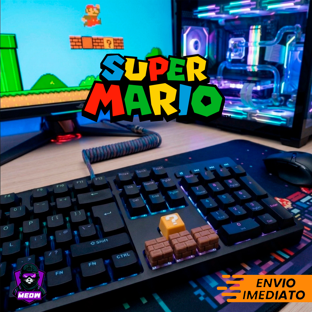 Kit 4 Keycaps Mario Bros Bloco Interrogação e Tijolo + Removedor de Teclas - Teclado Mecânico Gamer