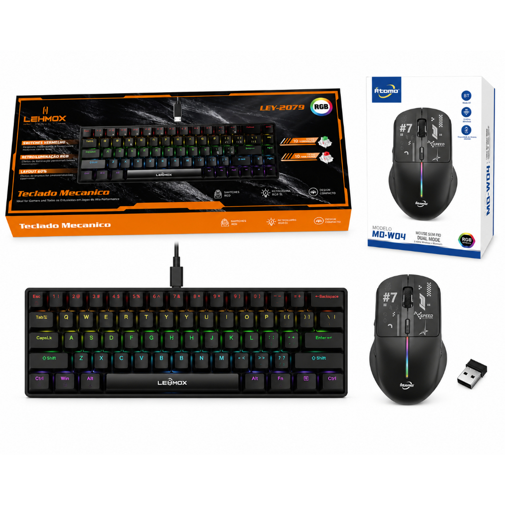 Kit Gamer RGB Teclado Mecânico 60% + Mouse Gamer Sem Fio Bluetooth/Wireless
