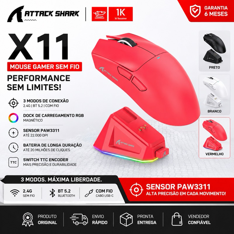 Mouse Attack Shark X11 Sensor PIXART PAW3311 c/ base de carregamento 22000DPI Mouse Gamer Trimode