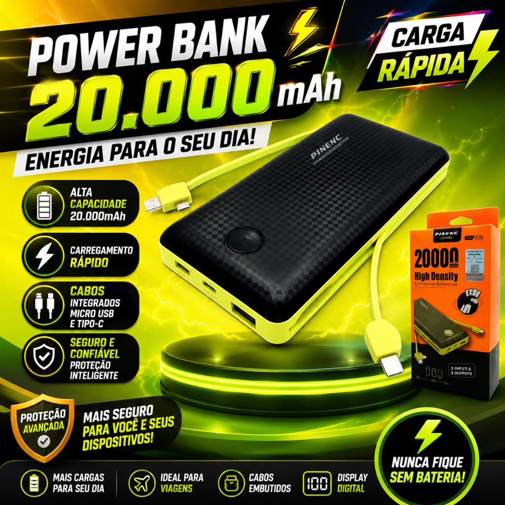 Carregador Portátil Power Bank 20000mah com 3 Saídas Tipo C e Iphone e V8