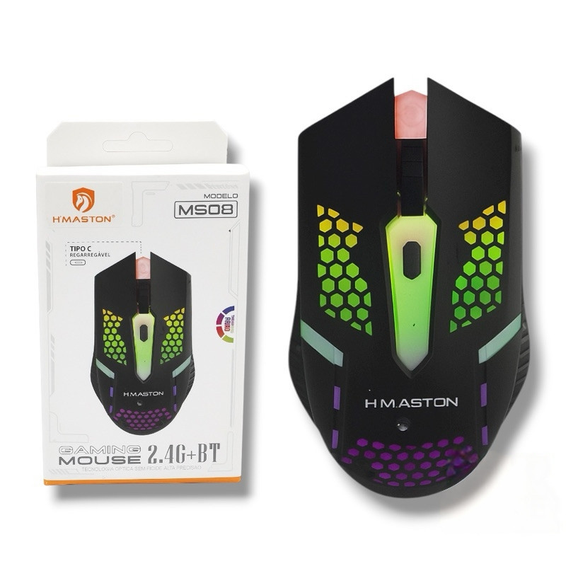 Mouse Sem Fio Gamer H’Maston MS08 2.4G + Bluetooth RGB Recarregável Tipo-C Alta Precisão 1600 DPI Mouse Sem Fio Gamer H’Maston MS08 2.4G + Bluetooth RGB Recarregável Tipo-C Alta Precisão 1600 DPI