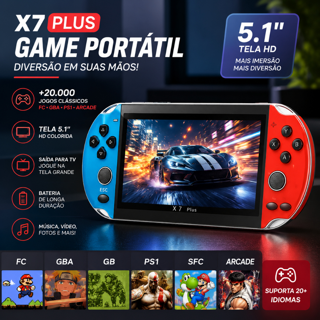 Videogame Portatil Tela 5.1" +10000 Jogos Retro, Console de Mão Memoria Expansivel