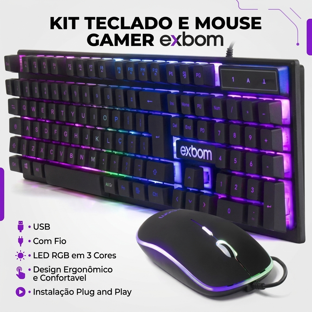Kit Teclado e Mouse Gamer com Iluminação LED RGB USB ABNT2 – BK-G550