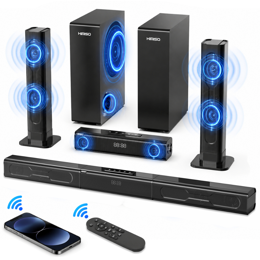 Home Theater HIMISO 2.2 Canais Soundbar Desmontável 2 Subwoofers HDF DSP SAP FFT HDMI ARC