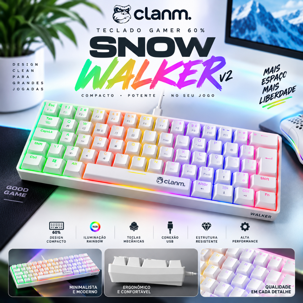 Teclado Mecânico Snow Walker V2 Mecânico Branco Gamer 60% Switch RED RGB Teclado Mecânico Snow Walker V2 Mecânico Branco Gamer 60% Switch RED RGB