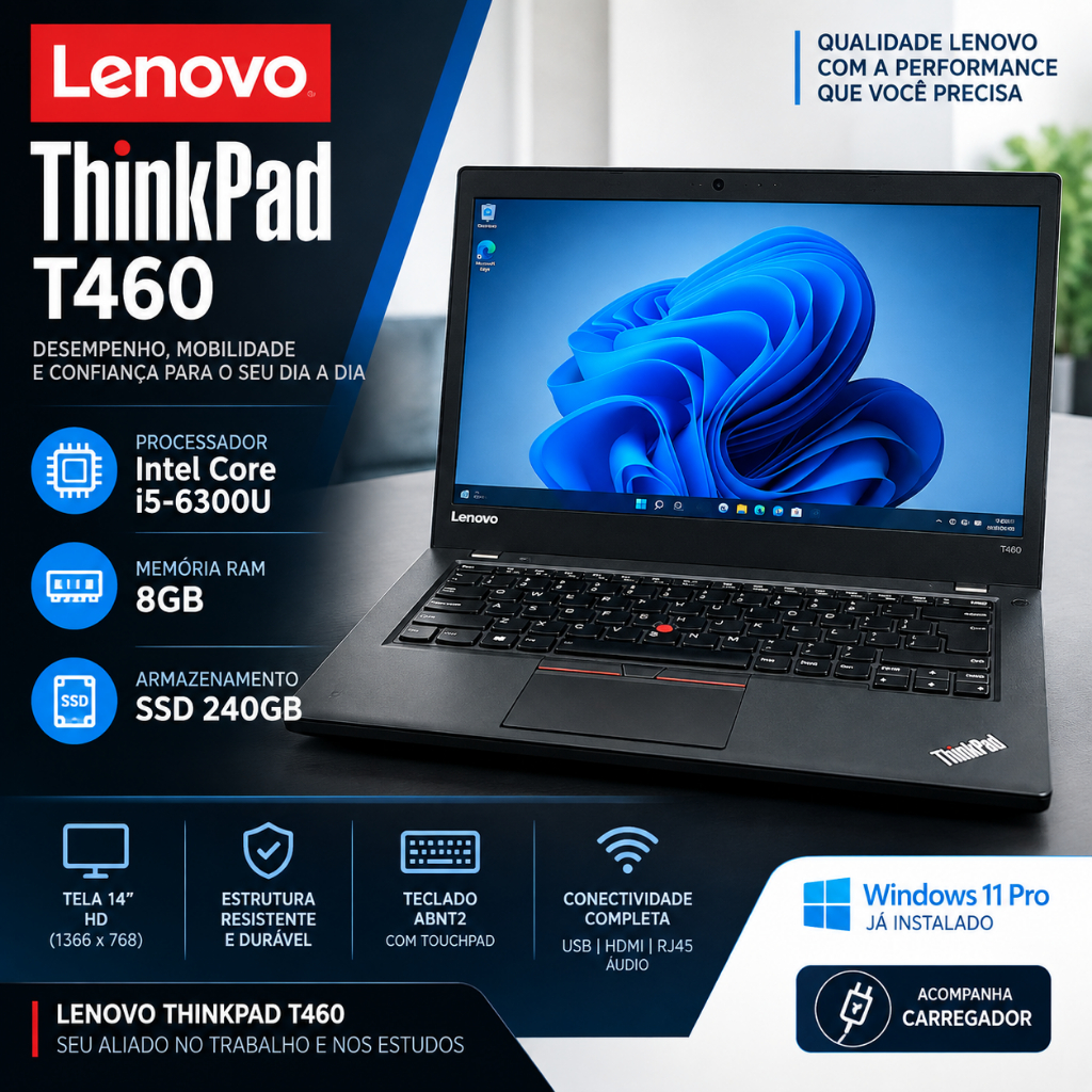 Notebook Lenovo ThinkPad T460 i5 8GB SSD 240GB