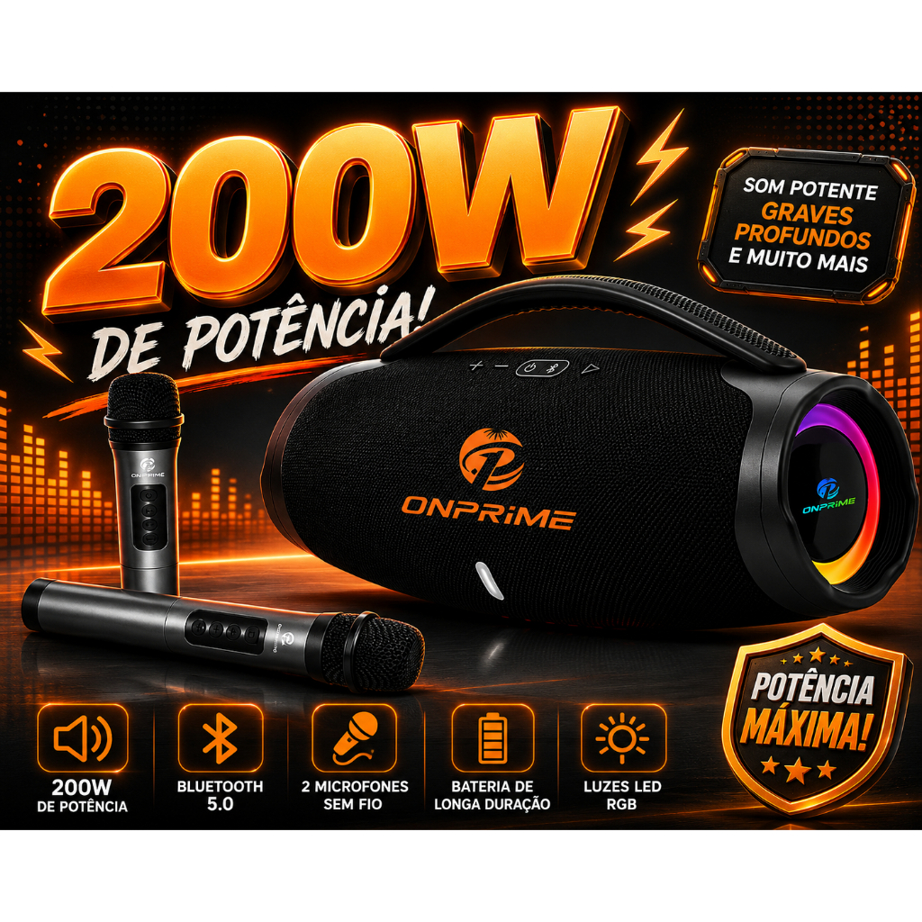 Caixa de Som Grande Potente bluetooth karaoke leds som grande 200w com microfone sem fio usb fm radio