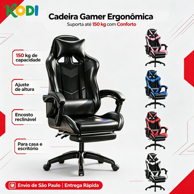 Cadeira Gamer Ergonômica Reclinável, Ajustável com Apoio para Pés - Escritório e Casa - F19 Cadeira Gamer Ergonômica Reclinável, Ajustável com Apoio para Pés - Escritório e Casa - F19