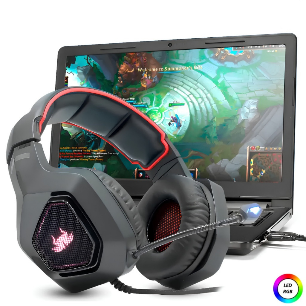 Headset Gamer Profissional KNUP KP-488 RGB Super Bass Microfone Flexível USB P2 3,5mm
