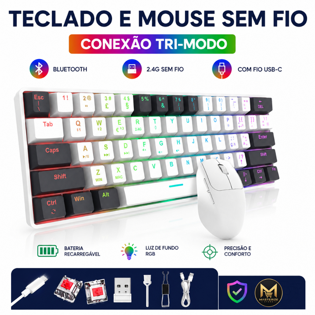 Teclado Mecânico Gamer 61 Teclas RGB, Hot-Swappable ABNT2 e Mouse Sem Fio