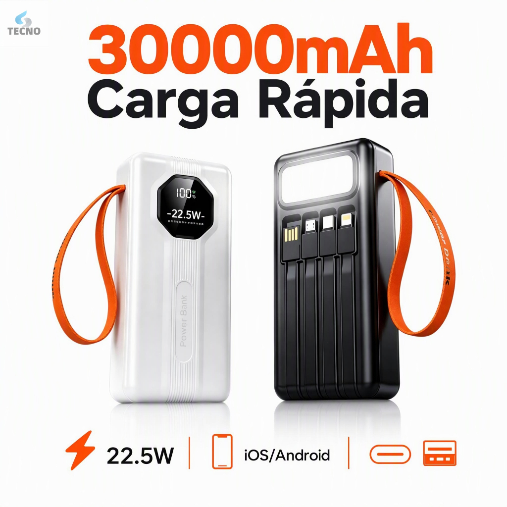 Power Bank 30000mAh Carregador Portátil 22,5W Carga Rápida USB USB-C Compatível iPhone Android Alta Capacidade