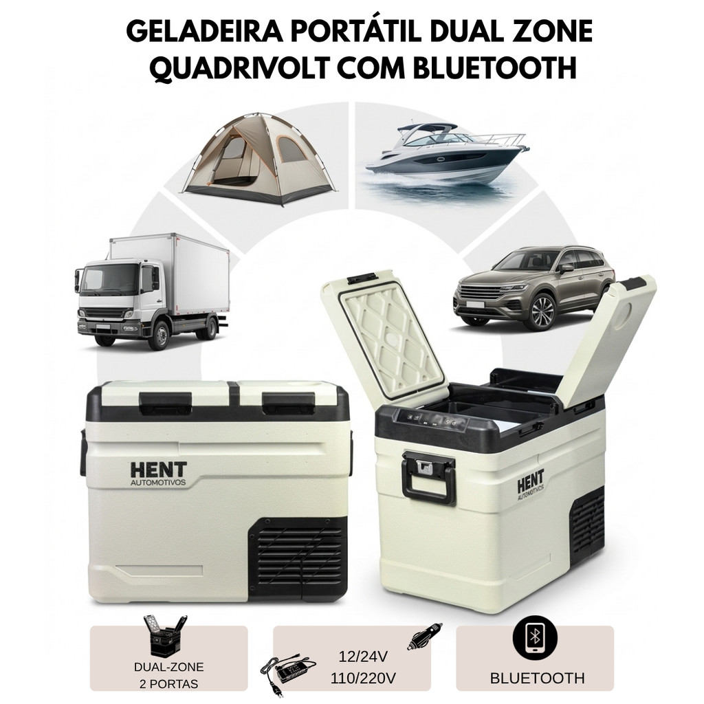 Geladeira Portátil Dual Zone 45 Litros Com Bluetooth Para Carro Barco Caminhão Quadrivolt