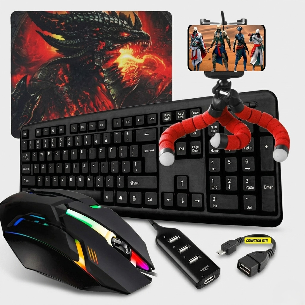 Kit Mobilador 6 peças Gamer Completo Teclado Preto e Mouse Led