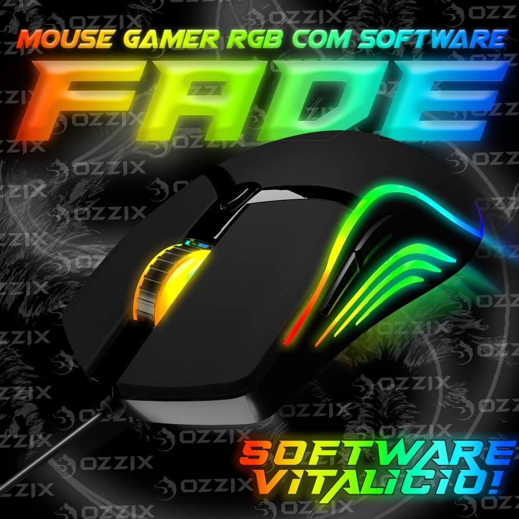 Mouse Gamer Fade LED RGB 8000DPI com Software 7 Botões Programáveis DPI Ajustável Sensor Gamer Profissional Ozzix