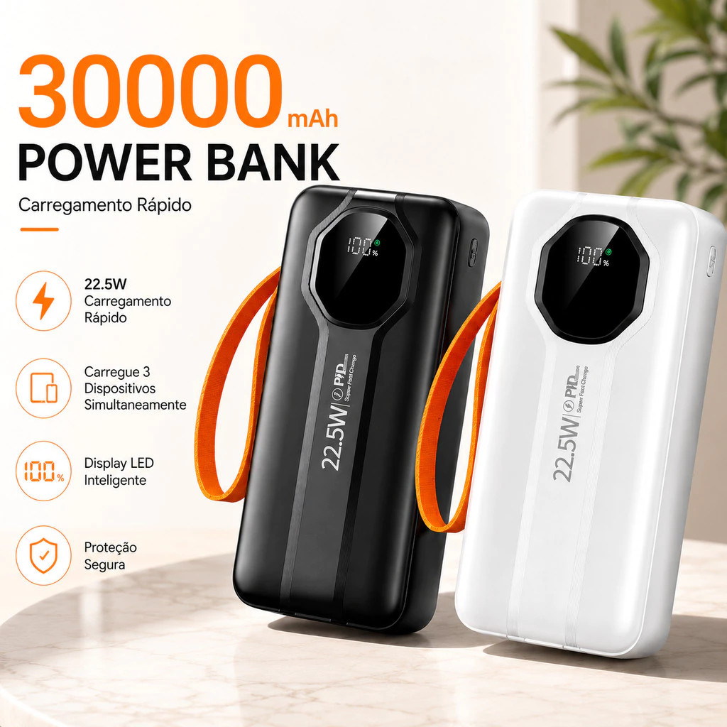 Power Bank 30000mAh Carregador Portátil 22,5W Carga Rápida USB USB-C Compatível iPhone Android Alta Capacidade