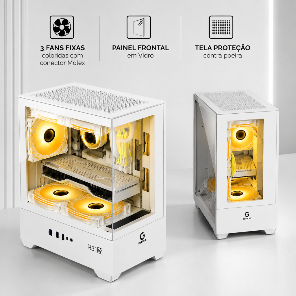 Gabinete Gamer BRX Xtreme Glacier Aquário Branco 3 Fans RGB Lateral e Frontal Vidro Temperado Mid Tower ATX