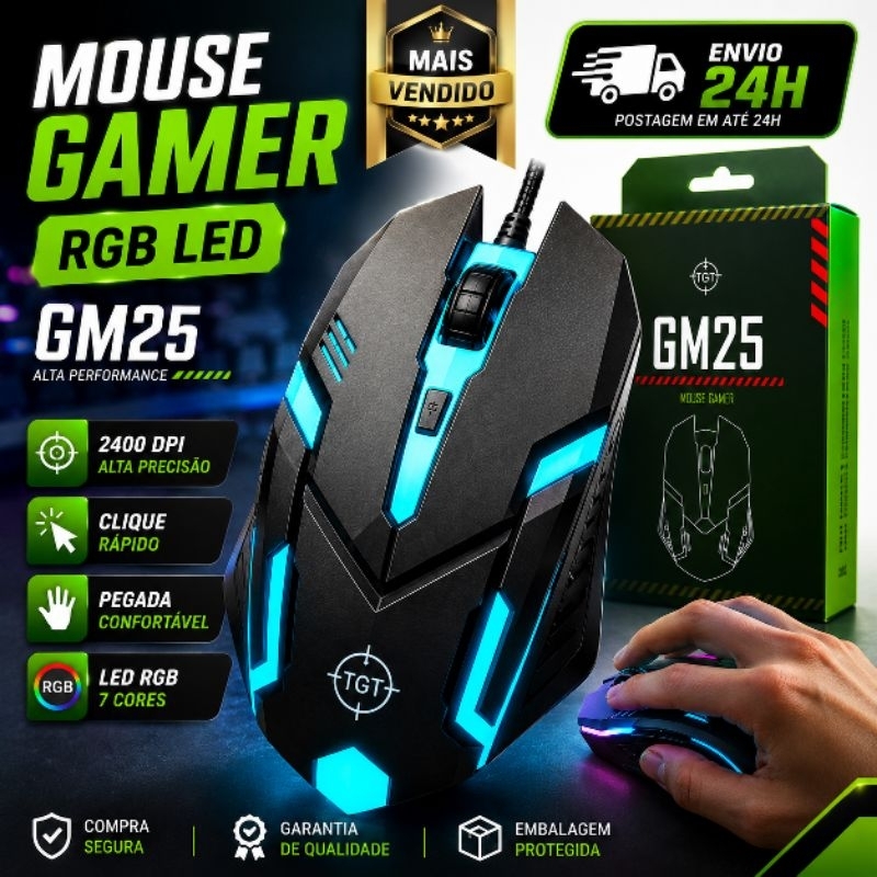 Mouse Gamer 2400 DPI 4 Botões 7 cores LED RGB com fio USB, Pc Gamer, Notebook