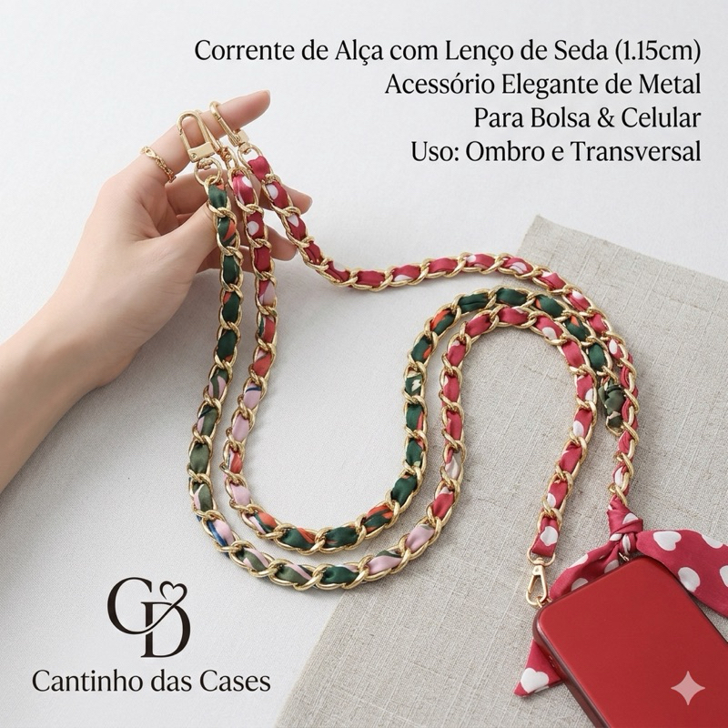 Corrente de Alça com Lenço 1.15cm de Seda Bolsa & Celular, Ombro em Metal, acessório para Bolsa e Celular, elegante
