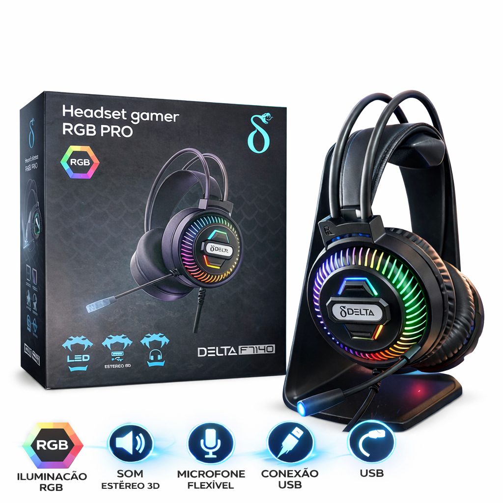 Fone Gamer Delta F7140 Aitek Som Imersivo Pro Preto com Microfone Flexível | Headset LED para PC