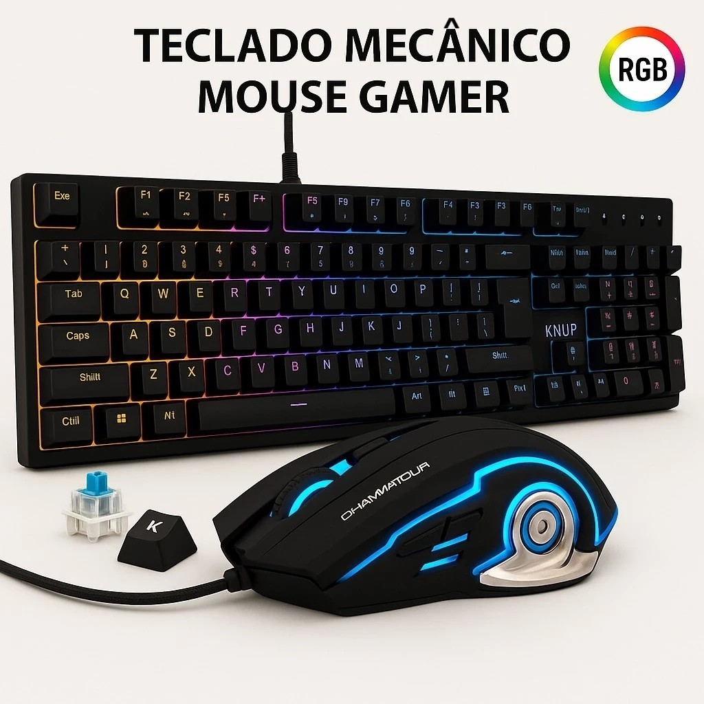 Kit Teclado Mecânico Mouse Gamer Led Rgb 7 Cores Anti Ghosting Usb Pc Computador Notebook MK606 Kit Teclado Mecânico Mouse Gamer Led Rgb 7 Cores Anti Ghosting Usb Pc Computador Notebook MK606