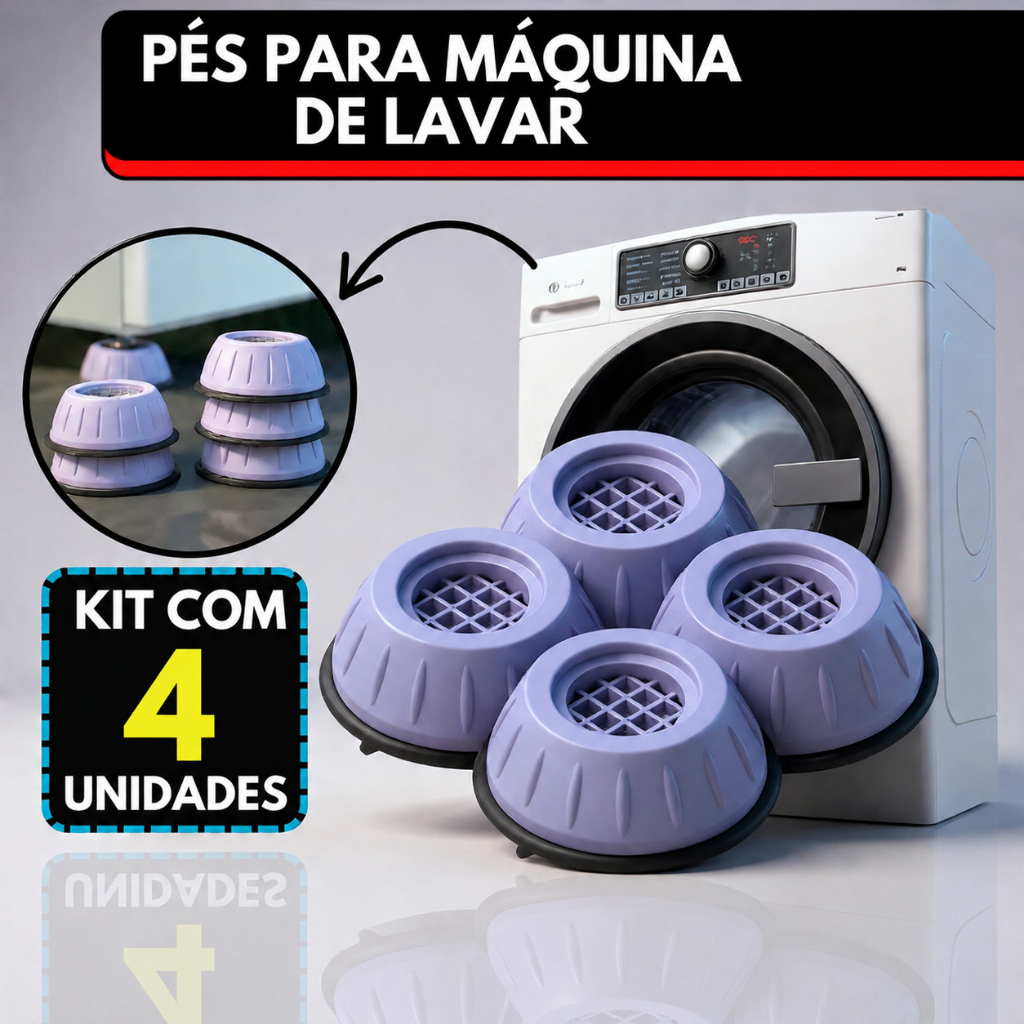 Kit Pés Para Maquina de Lavar Roupa Nivelador Moveis Mesa Geladeira Suporte Anti Vibração Almofada Sapata