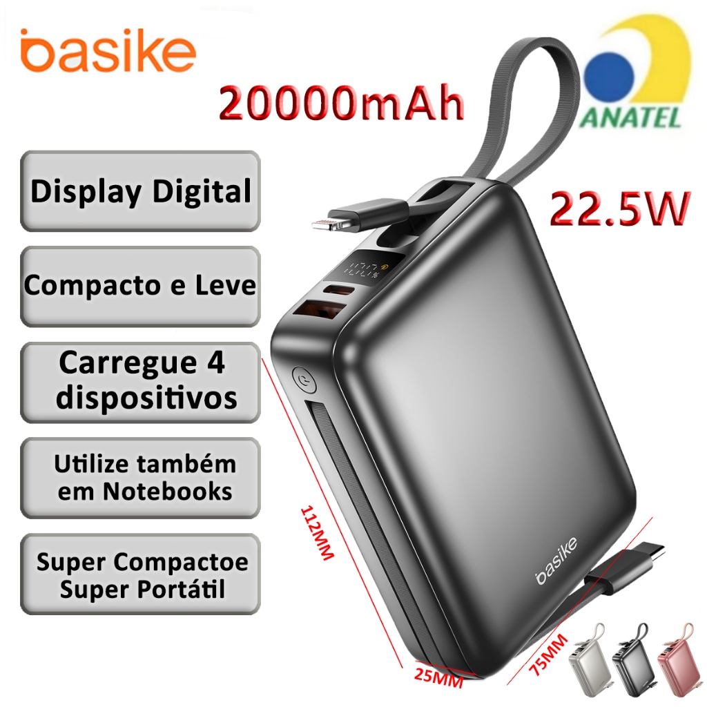 BASIKE Carregador Portátil 20000mAh - Carregamento Rápido 22.5W Power Bank Carregador Saída Dupla Grey BASIKE Carregador Portátil 20000mAh - Carregamento Rápido 22.5W Power Bank Carregador Saída Dupla Grey