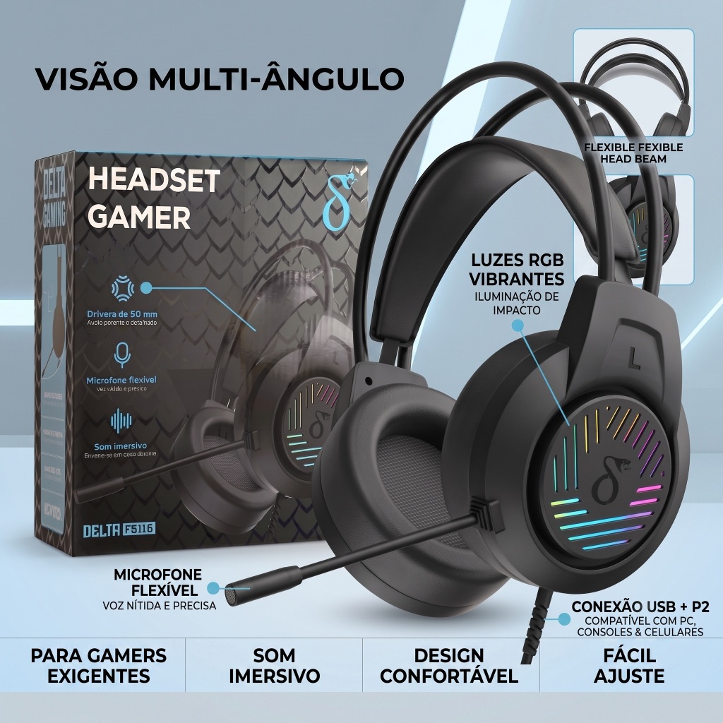 Headset Gamer F5116 Driver 50mm RGB Som Estéreo Imersivo Microfone Flexível P/ PC Notebook PS4 Xbox Celular Headset Gamer F5116 Driver 50mm RGB Som Estéreo Imersivo Microfone Flexível P/ PC Notebook PS4 Xbox Celular
