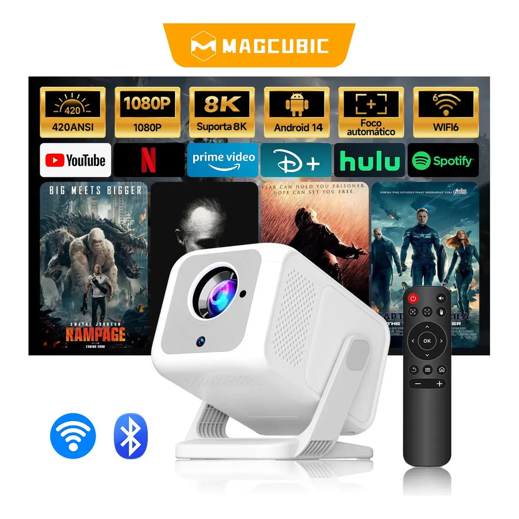 Projetor Magcubic HY310X 1080P 4K 420 ANSI Foco Automático Android 14 WiFi 6 Bluetooth 5.4 Mini Projetor