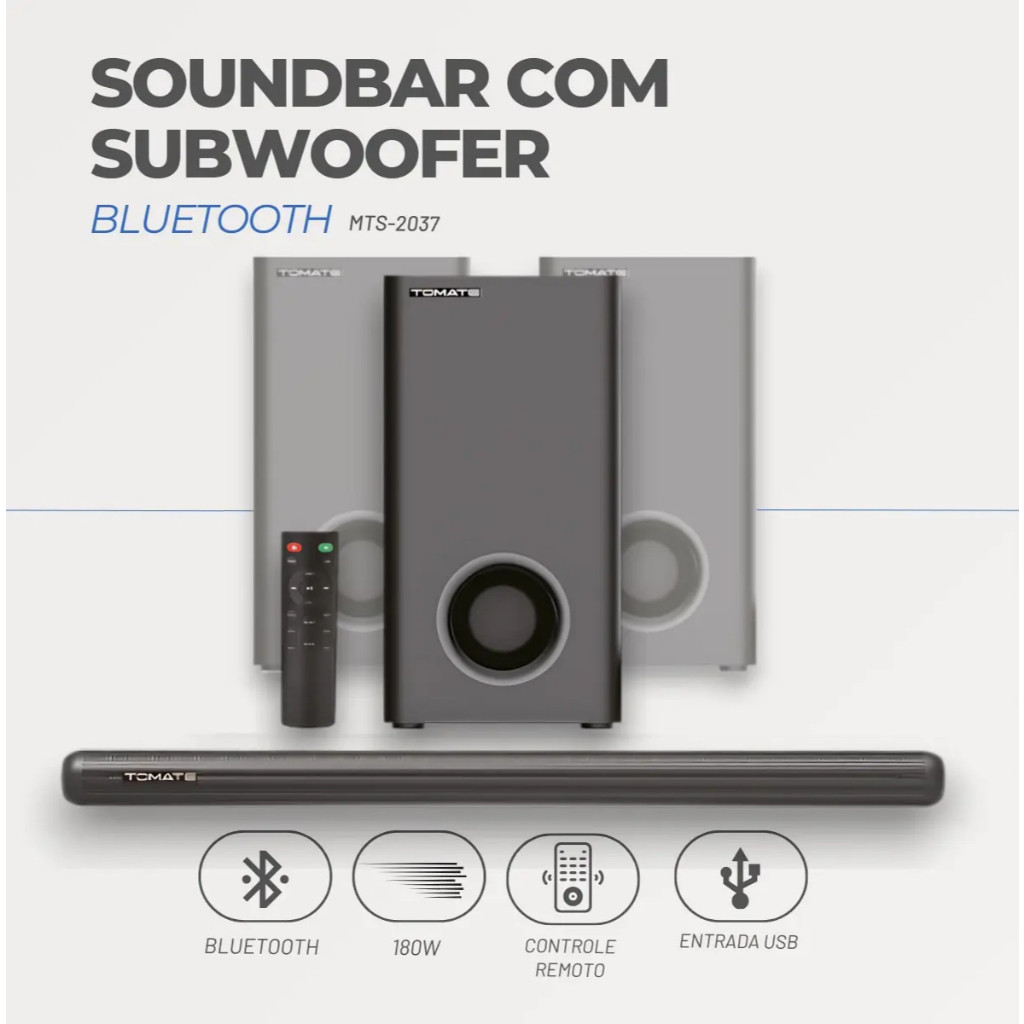 Caixa de Som Home Theater Tomate MTS-2037 Soundbar com Subwoofer 3.1 e Bluetooth