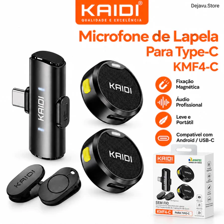 Microfone de Lapela Sem Fio Magnético KAIDI KMF4-C Tipo-C para Android USB-C