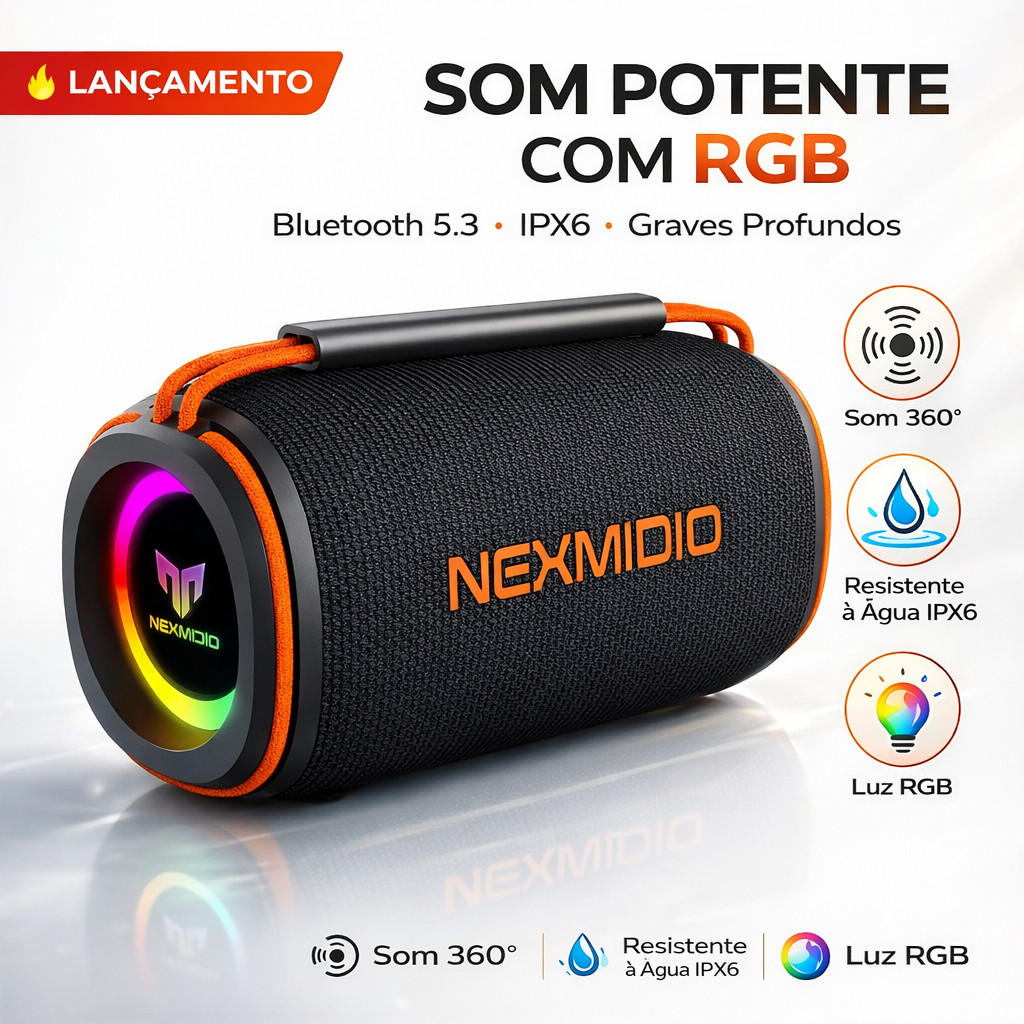 Caixa de Som Bluetooth Portátil RGB IPX6 à Prova d’Água Som Potente Graves Profundos