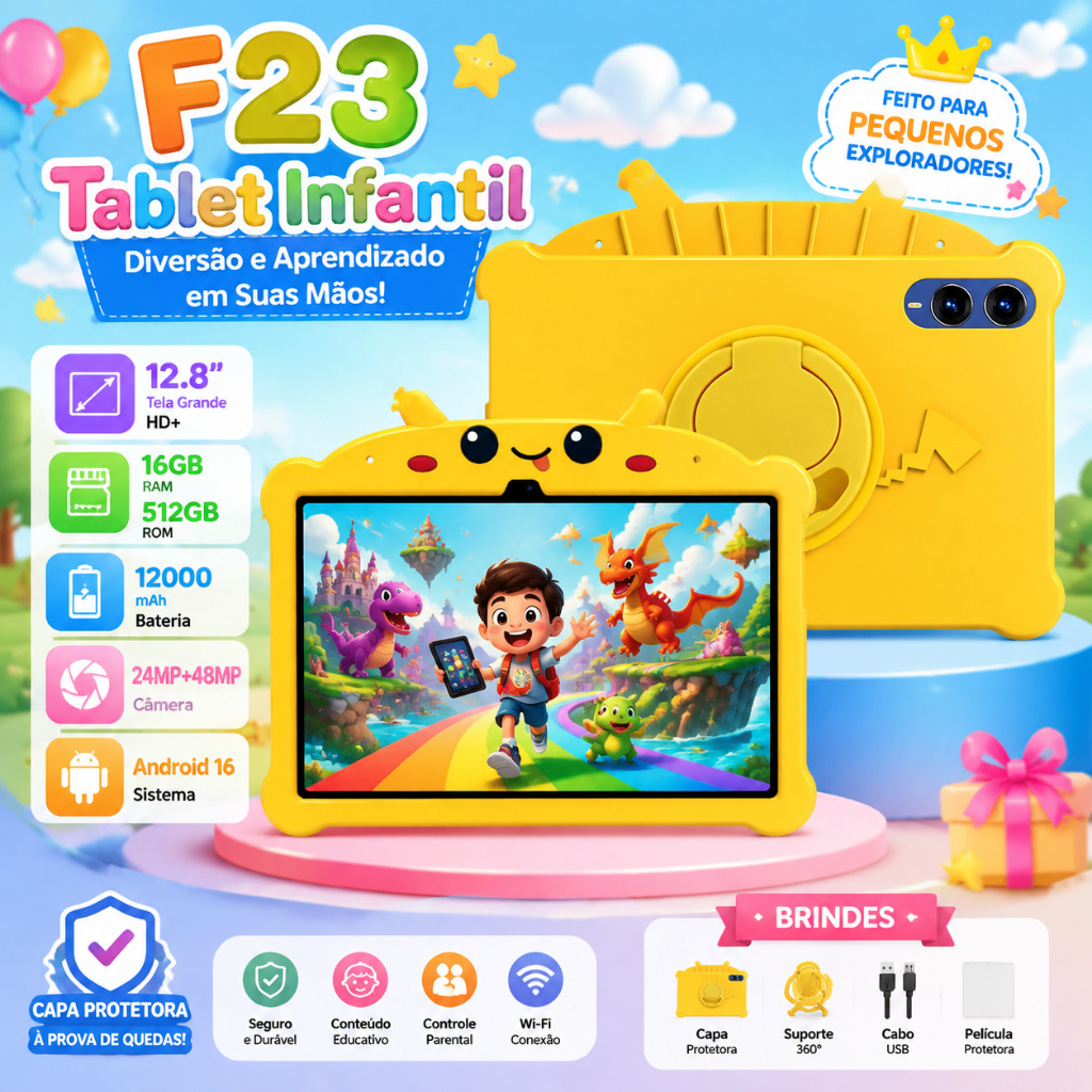 Tablet Infantil F23 Tela 12.8" HD+ 16GB+512GB Bateria 12000mAh Câmera 48MP Android 16 Capa Antiqueda Controle dos Pais