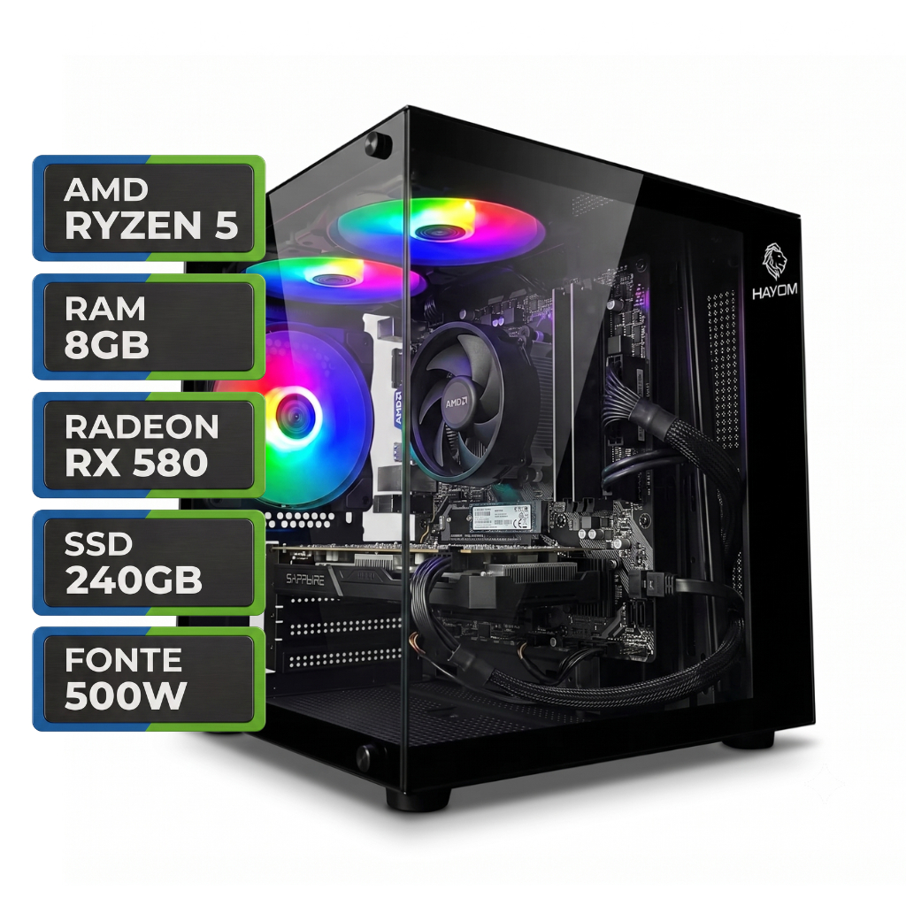 PC Gamer Uriel I, AMD Ryzen 5 5500, Radeon RX 580 8GB, 8GB DDR4, SSD 240GB, Fonte 500W