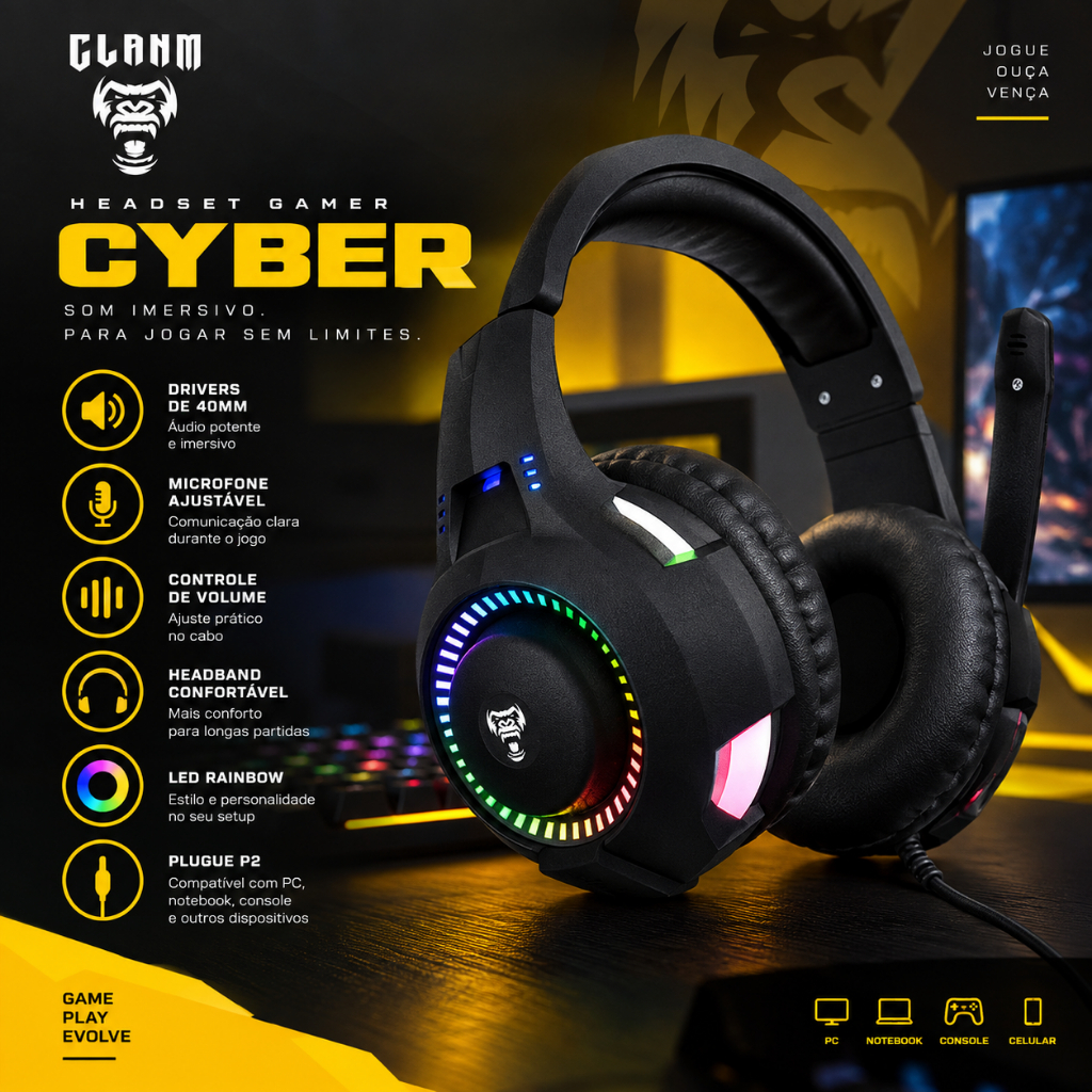 Headset Gamer Cyber CLANM LED RGB Rainbow Jogos Microfone Omnidirecional