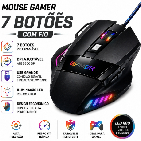 MOUSE GAMER COM FIO 7 BOTOES E 3 BOTOES MAUSE COM LED RGB 2.400 DPI ÓPTICO ILUMINAÇÃO COLORIDA PARA JOGOS VIDEO GAMERS MOUSE GAMER COM FIO 7 BOTOES E 3 BOTOES MAUSE COM LED RGB 2.400 DPI ÓPTICO ILUMINAÇÃO COLORIDA PARA JOGOS VIDEO GAMERS