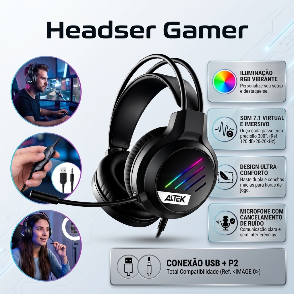 Headset Gamer RGB F5216 com Microfone Ajustável, Fone Gamer com Fio USB P2 3,5mm para PC PS4 PS5 Xbox
