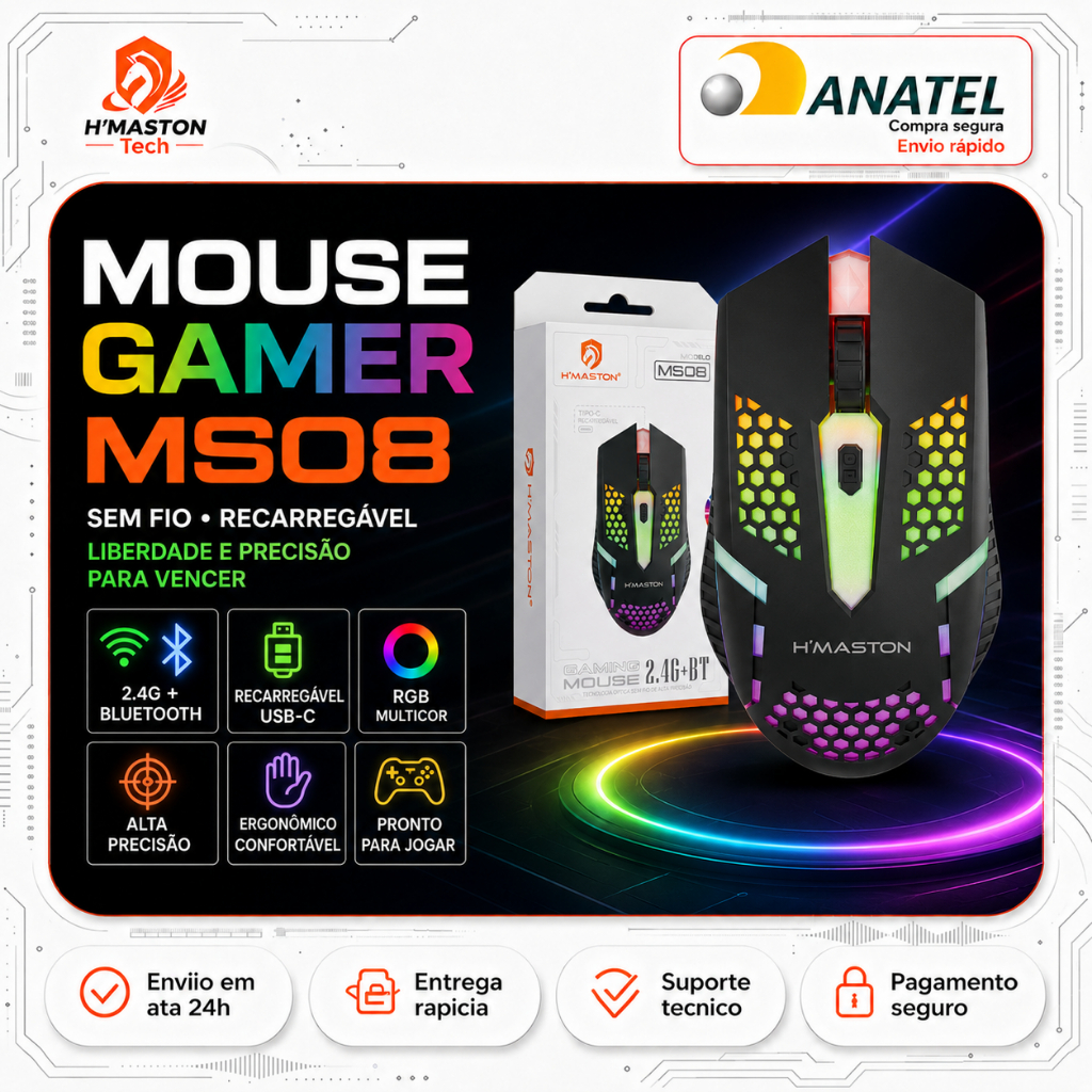 H'Maston MS08 Mouse Sem Fio Para Notebook Mouse Gamer Sem Fio Mouse Sem Fio Recarregável Mouse Ergonômico Sem Fio