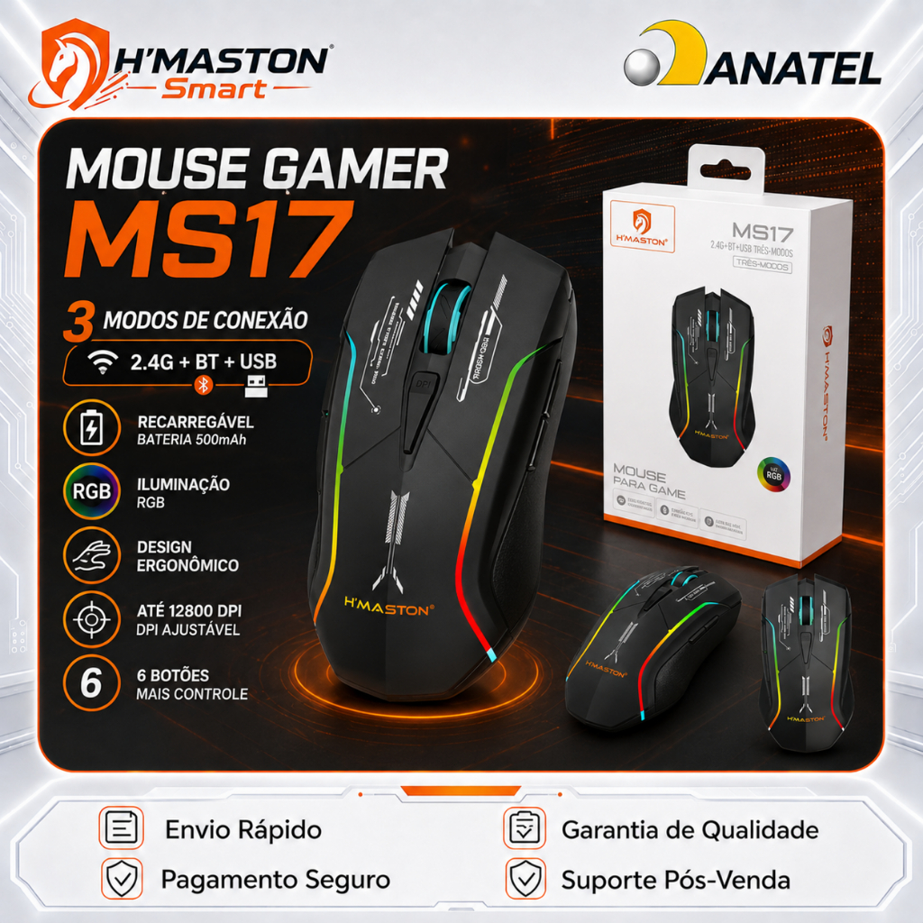 H‘MASTON MS17 Mouse Sem Fio Para Notebook Mouse Gamer Sem Fio Mouse Sem Fio Recarregável Mouse Gamer 2.4G+Bluetooth