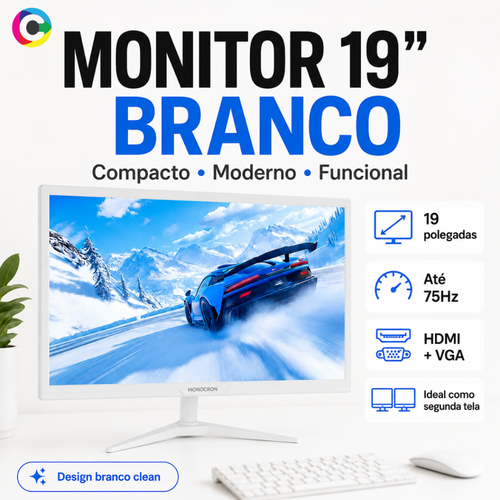 Monitor 19 Polegadas Branco HDMI VGA 75Hz para PC Computador Escritório Home Office