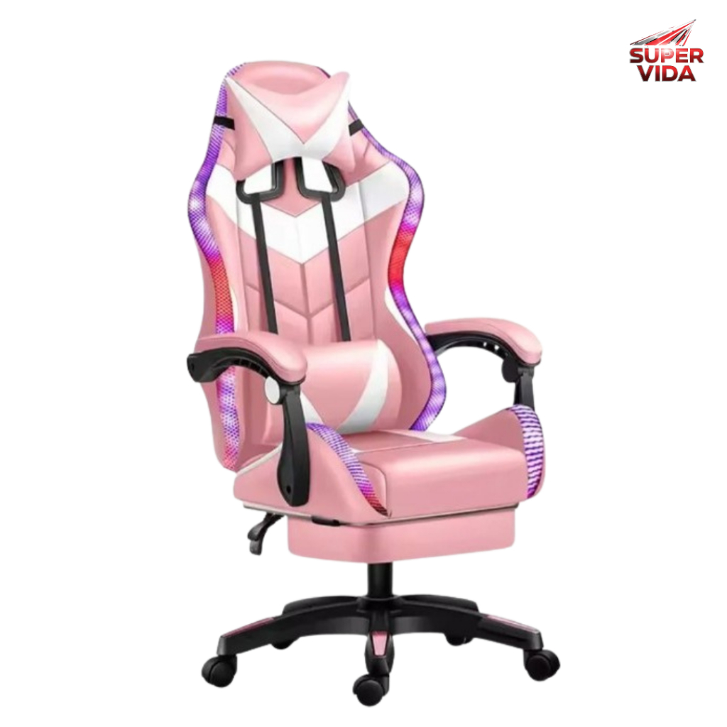 Cadeira Gamer Rgb Rosa/Vermelho Ergonômica Com Reclinação E Altura Ajustável Para Escritório E Casa