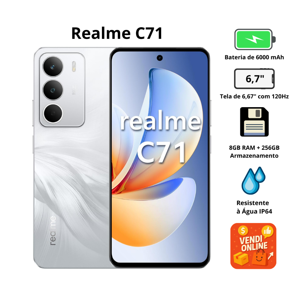 Smartphone Realme C71 - 4G | NFC | 128GB ou 256GB | 4GB ou 8GB RAM | Tela 120Hz | Câmera 50MP | Bateria 6000mAh