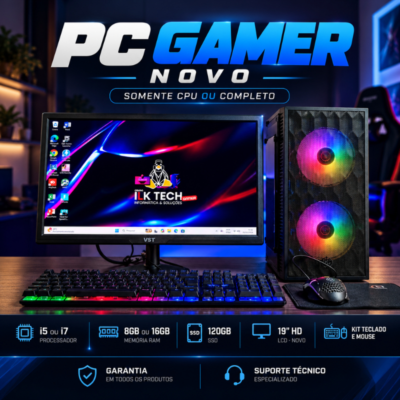 PC Gamer Completo Intel Core i5 | 8GB RAM | SSD | Placa de Vídeo | Windows | Wi-Fi | Com ou Sem Monitor