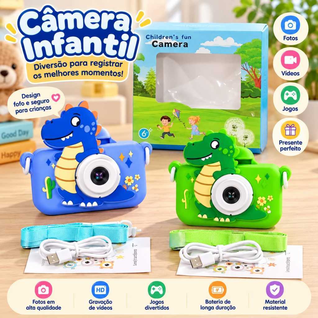 Câmera Infantil Digital Dinossauro com Câmera Frontal e Traseira, Fotos, Vídeos, Jogos e Temporizador – Recarregável