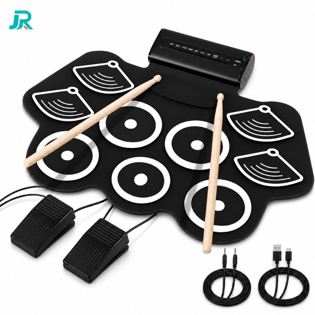 Bateria Eletrônica Musical Silicone Digital 9 Pads Dobrável com 2 Pedais e Baquetas EMT-S309 EXBOM