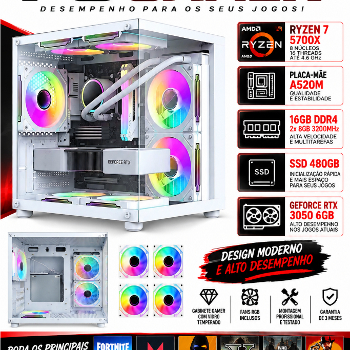 PC GAMER AMD RYZEN 7 5700X A520M 2X 8GB 3200MHZ SSD 480GB RTX 3050 6GB